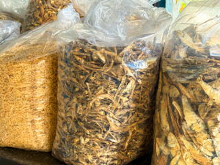 dry fish in plastic bag for sale in local market of mudigere, south india