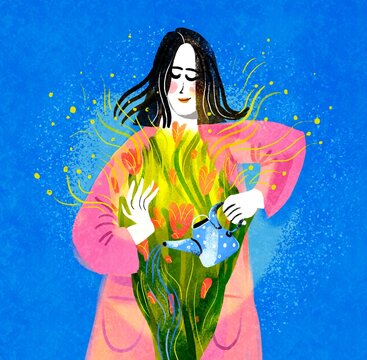 Woman watering flowers