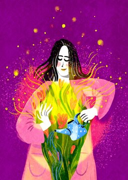 Woman watering flowers