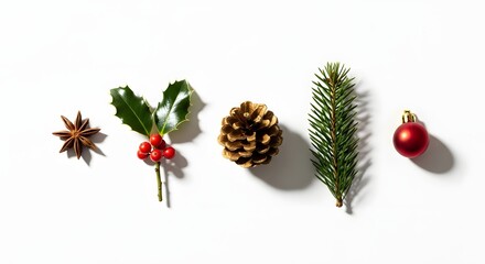Festive christmas decorations arranged on a white background