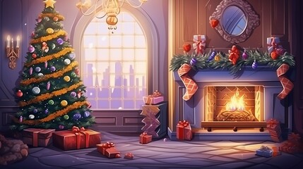 Fototapeta premium A cozy and festive living room decorated for Christmas with a glowing fireplace and a beautifully adorned tree