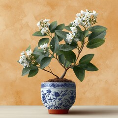 Little flowe plant in a decorative blue and white pot sits against a textured wall.