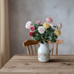 Colorful roses in rustic pitcher sit on a wooden table in soft light.