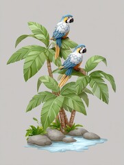 Stylized parrots perch on detailed palm tree with 8K resolution textures.