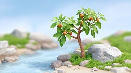 Stylized peach tree thrives on a riverbank featu detailed 8K textures.