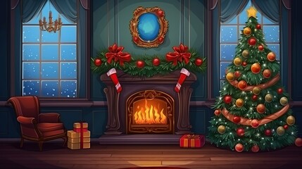 Fototapeta premium A cozy and festive living room scene with a ling fireplace, a beautifully decorated Christmas tree, and gifts piled on the floor, creating a m holiday atmosphere.