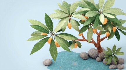 8K stylized tropical fruit tree features highly detailed textures on island.