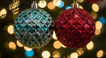 Two festive christmas ornaments hang in front of blurred bokeh lights