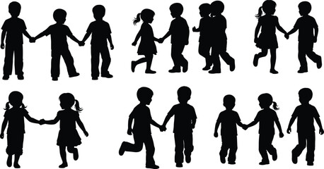 Children silhouette pairs holding hands walking, running, standing and bonding for friendship, cooperation, playtime and social interaction vector design