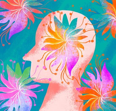 Human head with flowers