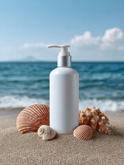 A white pump bottle surrounded by seas sits on beach near the sea.