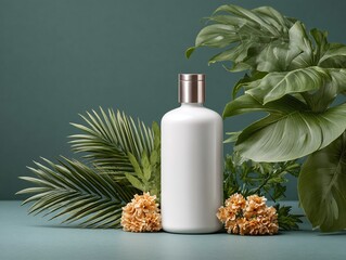 White cosmetic bottle presents natural beauty with green plant decoration