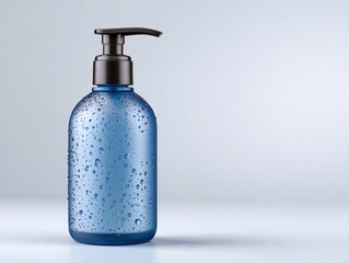 A blue plastic bottle with dispenser pump covered in water droplets sits alone.