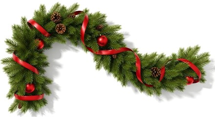 Festive greenery garland with red ribbons and pinecones