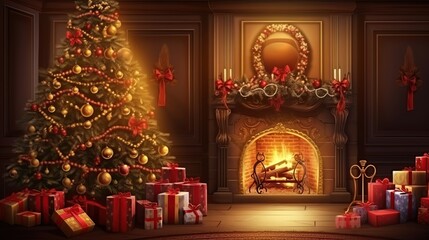 A Cozy Christmas Scene with a Decorated Tree, Gifts, and a Fireplace