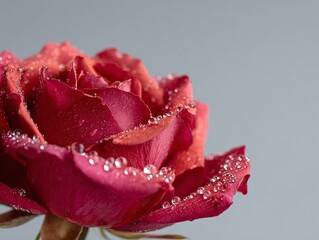 Close up of a deep red rose flower covered in sparkling water droplets