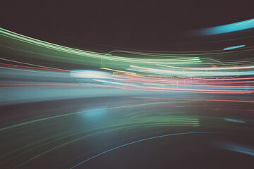 Abstract Motion Blur Light Streaks on Dark Background Dynamic Speed and Energy Flowing Through Urban Night Landscape Modern Futuristic Vibrant Movement Pattern