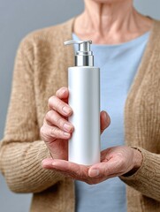 A mature woman presents a white bottle with pump dispenser in her hands.