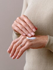 Woman applies moisturizing hand cream to her skin for skincare treatment.