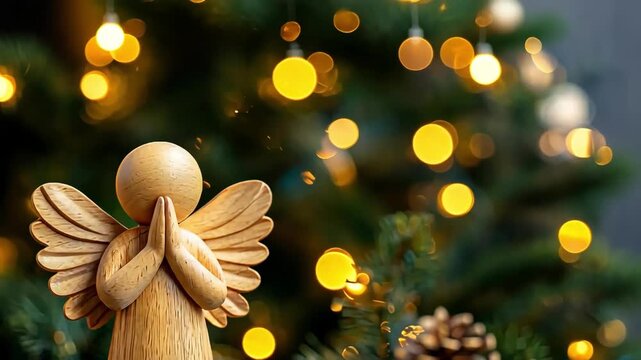 Wooden angel figurine praying in front of a blurred Christmas tree with lights.