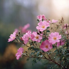 Delicate pink dog rose blossoms bloom softly on a flowe shrub branch.