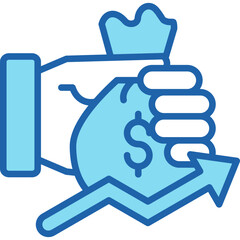 Lineal Blue Icon of Hand with Money Bag and Upward Arrow Showing Economic and Financial Growth Concept