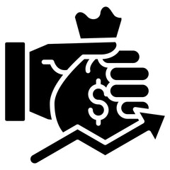 Black Glyph Icon of Hand Holding Dollar Money Bag with Growth Arrow Representing Finance and Investment Success