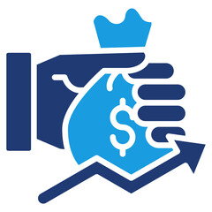 Blue Glyph Icon of Hand Holding Money Bag with Upward Arrow Representing Business Finance and Profit Growth
