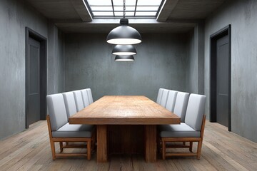 An empty conference room features a long wooden table and modern lighting.
