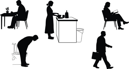 Silhouette People in Everyday Activities: Working, Cooking, Reading, Toilet Use, Walking with Briefcase, Modern Lifestyle and Human Behavior