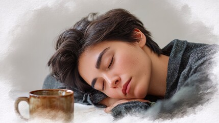 A tired woman rests head on arms near coffee mug in soft morning light.