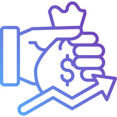 Gradient Line Icon of Hand Holding Money Bag with Up Arrow Representing Financial Growth and Business Success