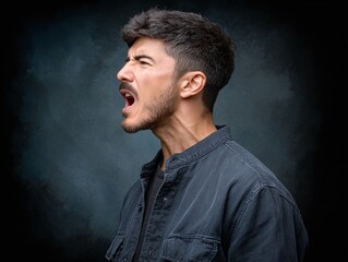 An angry young man shouts aggressively against a dark, mottled backdrop.