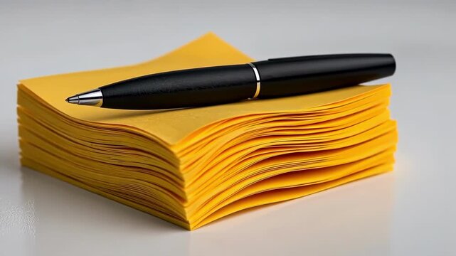 Stack of yellow sticky notes with a black pen on top, close-up shot.