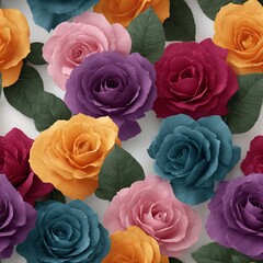 Beautiful colorful paper roses with green leaves create a floral pattern