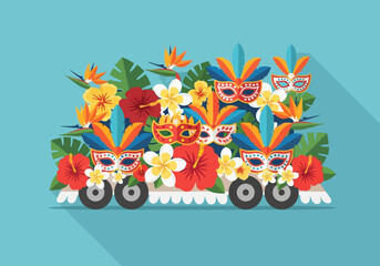 Carnival Float Adorned with Masks and Tropical Flowers.