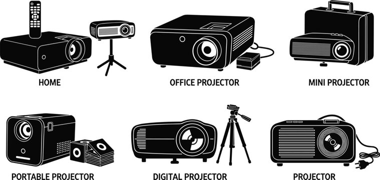 Collection of six different projectors including home, office, mini, portable, digital, and standard models with accessories for versatile multimedia use