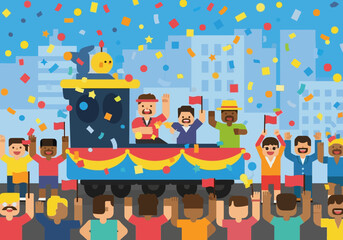 Celebratory parade float with people waving to the crowd.