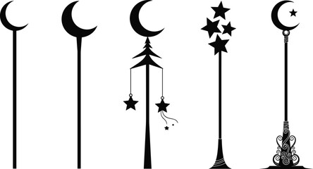 Silhouettes of crescent moon staffs with stars, fantasy vector illustration of magical poles featuring celestial and ornate decorative elements