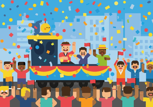 Celebratory parade float with people waving to the crowd.