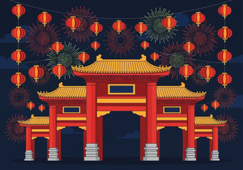Chinese Gate with Lanterns and Fireworks for Lunar New Year Celebration.