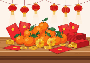 Chinese New Year Celebration with Oranges Red Envelopes and Gold Coins.