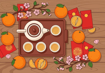 Chinese New Year Celebration with Tea and Oranges.