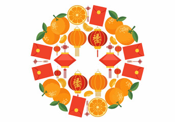 Chinese New Year Circle with Lanterns, Oranges, and Red Envelopes.