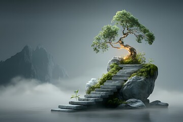 Serene Bonsai Tree on Stone Staircase in Dreamy Misty Landscape with Mountain Background