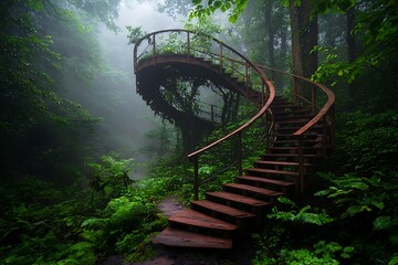 Enchanted Spiral Staircase in Misty Forest with Lush Greenery and Mysterious Atmosphere