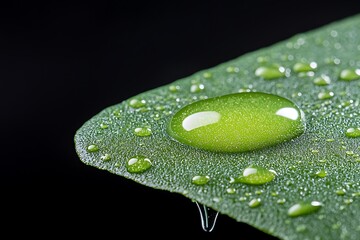 Close-Up of Water Droplets on Fresh Green Leaf with Dark Background Detail