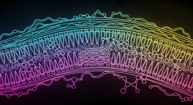 Vibrant cellular structure illustration with detailed organelles and molecular bonds glowing neon