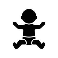 Baby silhouette icon, a simple black graphic depicting an infant sitting with arms raised, symbolizing childhood, care, new life, growth, and development.