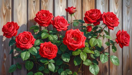 Vibrant red roses on a wooden fence